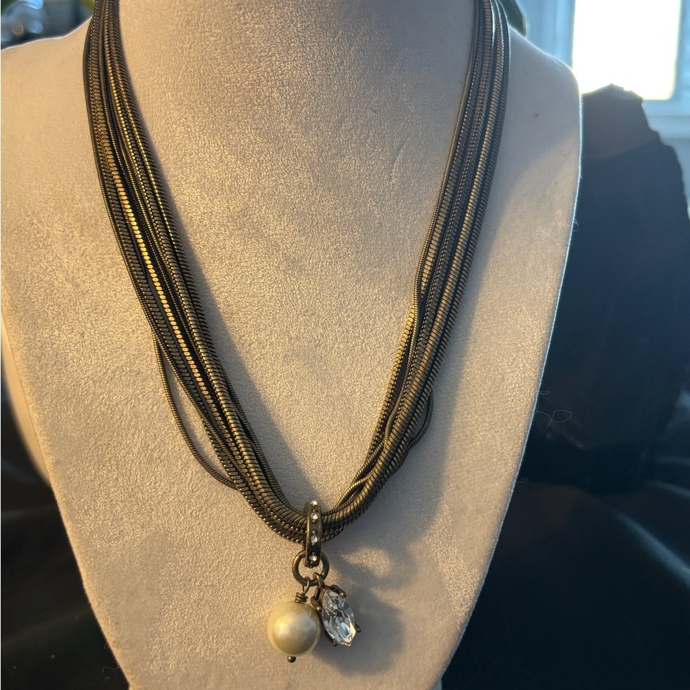 Silpada K&R Multi-Strand Bronze Necklace | Pearl & Crystal Drop Pendant